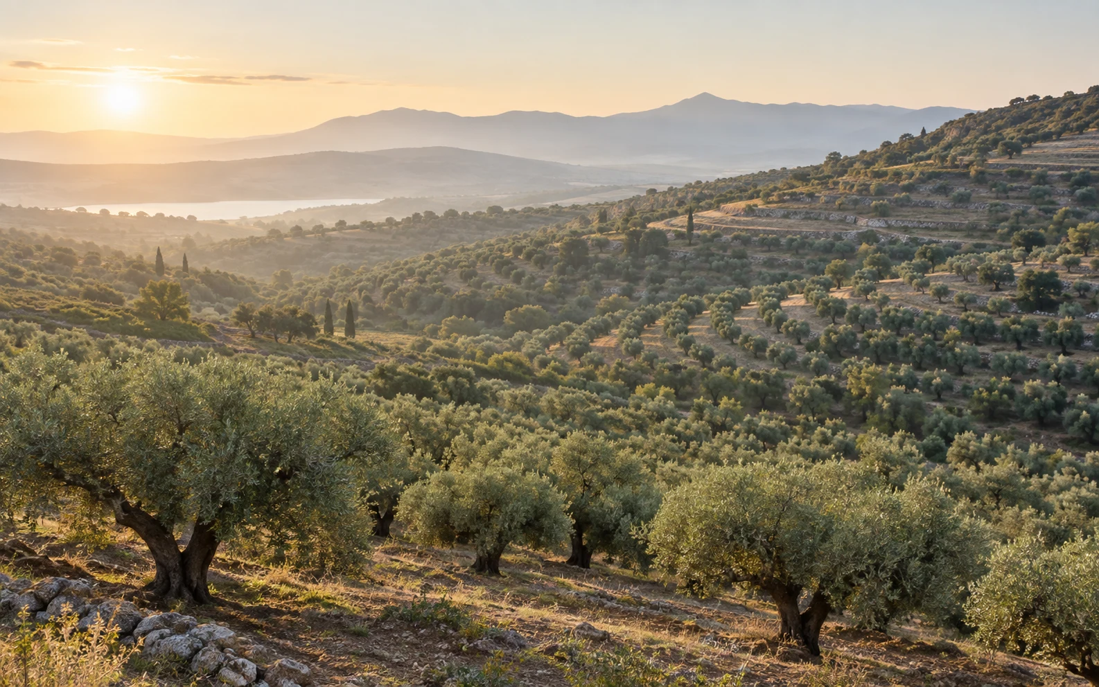 Mediterranean olive groves following the contours of sunlit agricultural hills